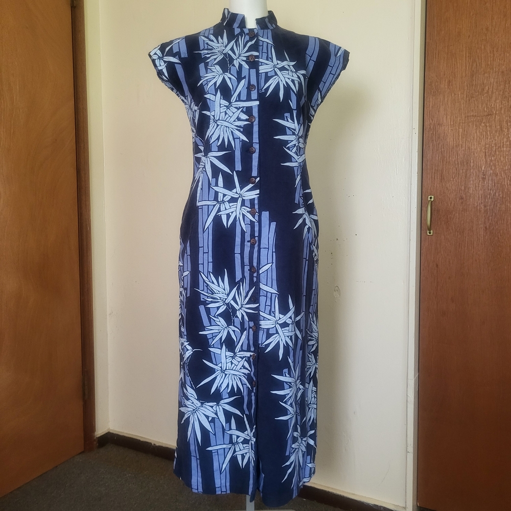 Vintage Sig Zane Blue Bamboo Print Cheongsam Dress